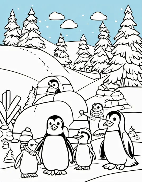 Penguin Playtime Coloring Scene for Kids