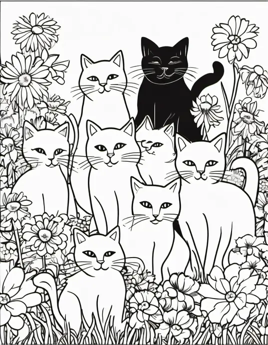 Whimsical Cat Coloring Page: Purr-fect Rainbow Friends