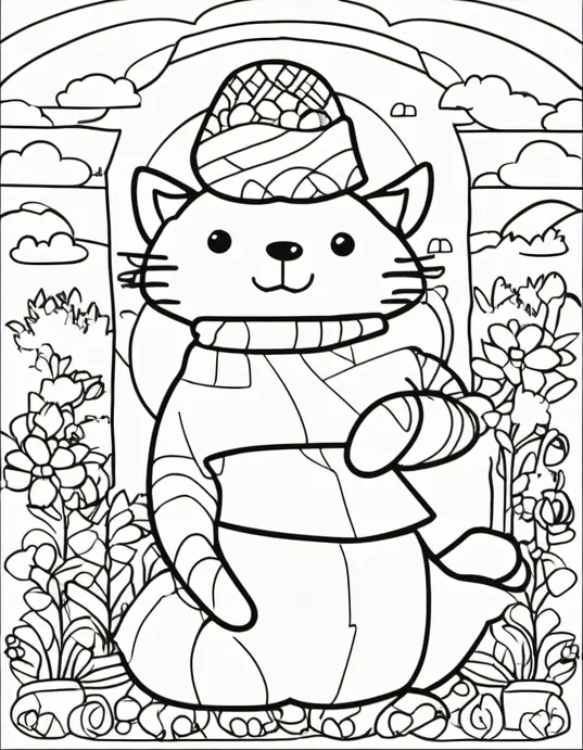 Cute Kitten Coloring Scene with Rainbow Collar