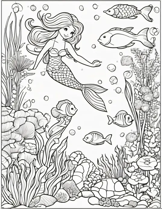 Underwater Mermaid Garden Coloring Page