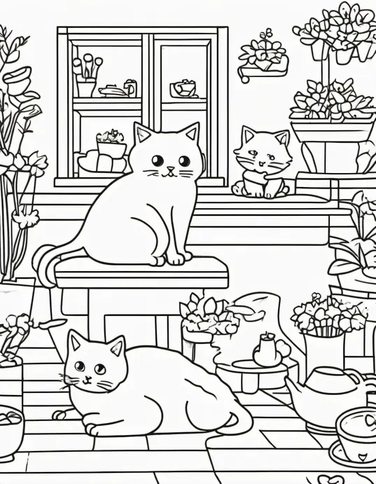 Kawaii Cat Cafe Coloring Scene for Kids