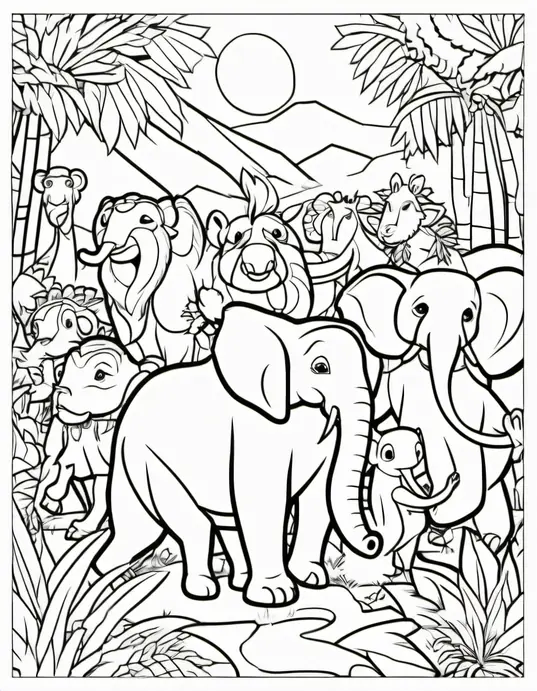 Jolly Jungle Animal Dance Coloring Page