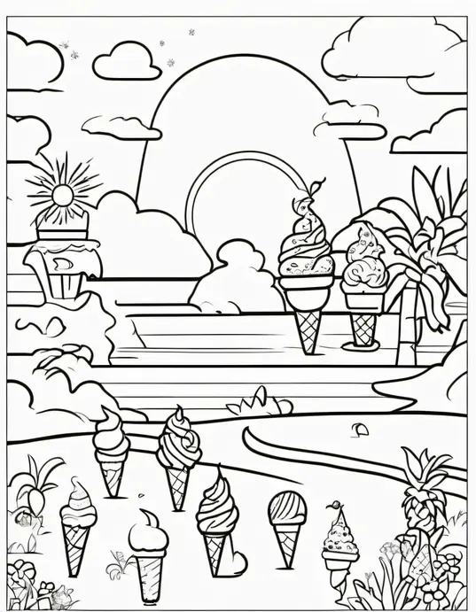 Coloring Sunny Ice Cream Beach Scene