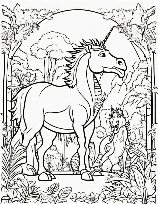 Magical Unicorn & Dragon Rainforest Coloring Scene