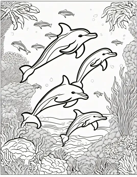 Colour Dolphins Playfully Swimming in a Coral Reef
