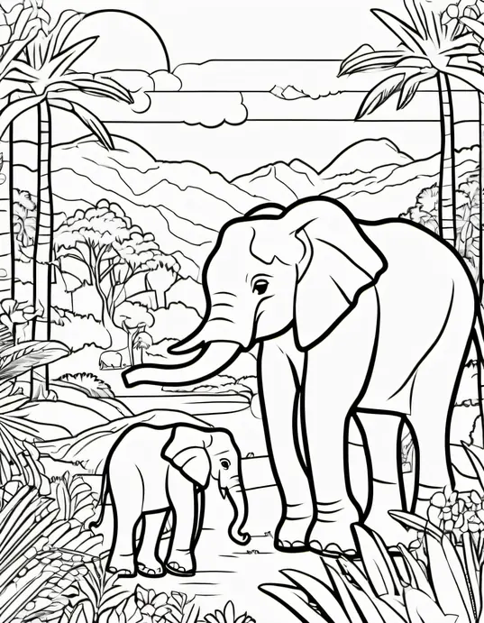 Color Jungle Elephants Under Sunset Sky