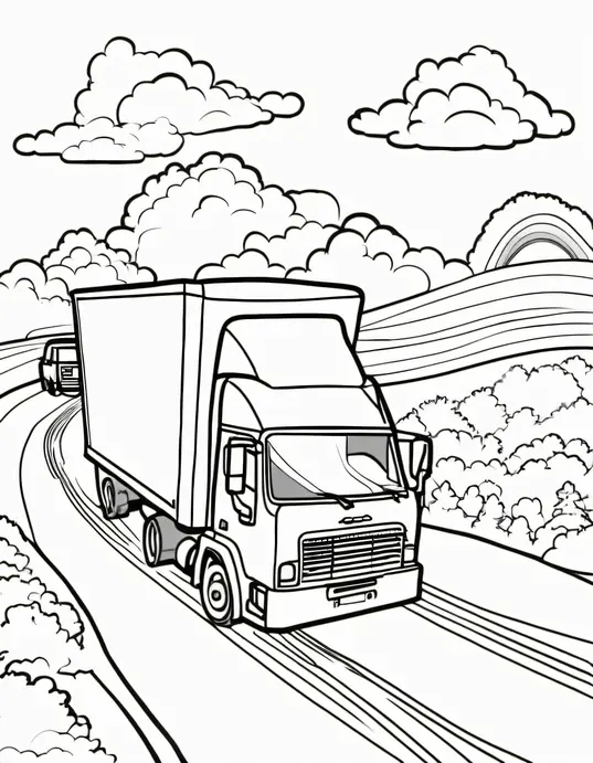 Truck Convoy Coloring Page: Rainbow Road Adventure