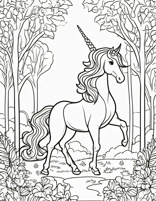 Enchanting Unicorn Forest Coloring Page