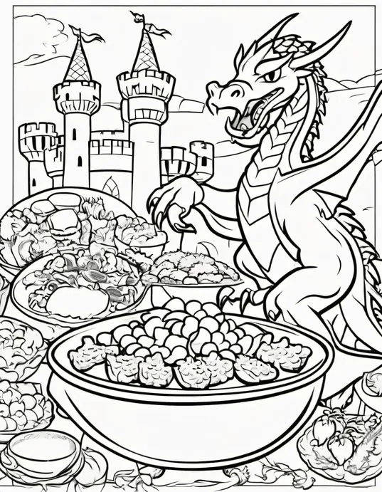 Knightly Castle Coloring Page: Chivalrous Dragon Feast
