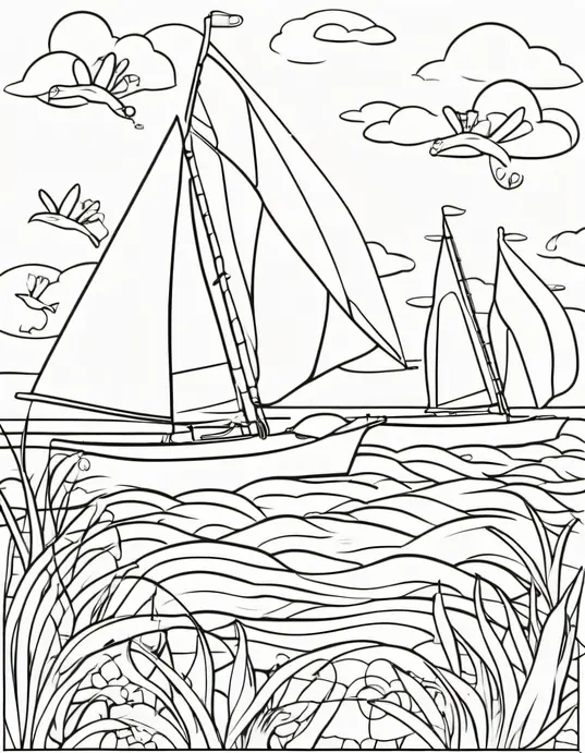 Sailboat Sea Creatures Coloring Page