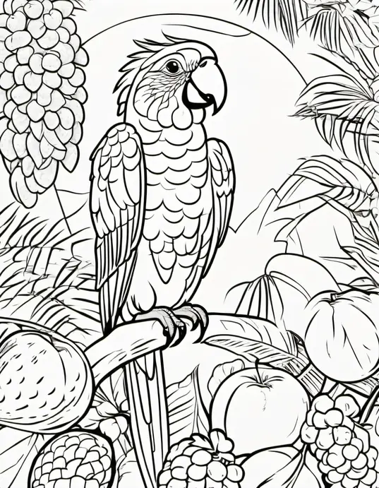 Exotic Parrot Coloring Page: Vibrant Feathers and Tropical Fruits