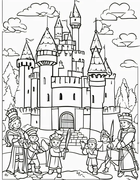 Medieval Castle Coloring Page: Knight's Feast Preparation
