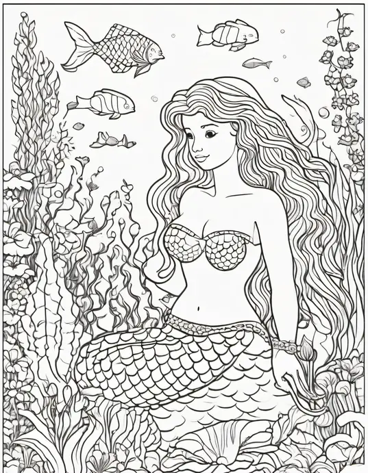 Underwater Mermaid Garden Coloring Scene