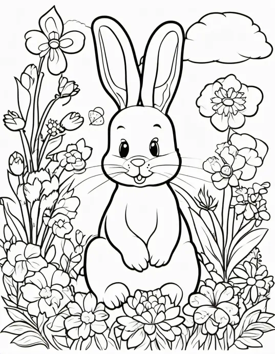 Springtime Bunny Garden Coloring Page