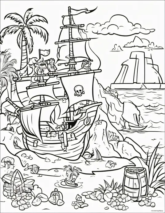 Pirate Treasure Island Coloring Scene for Kids