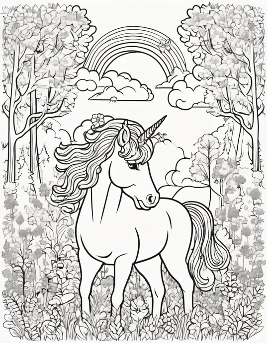 Enchanting Rainbow Unicorn Forest Coloring Scene