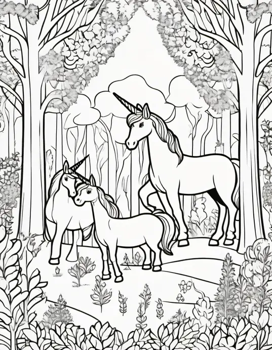 Whimsical Unicorn Forest Coloring Scene