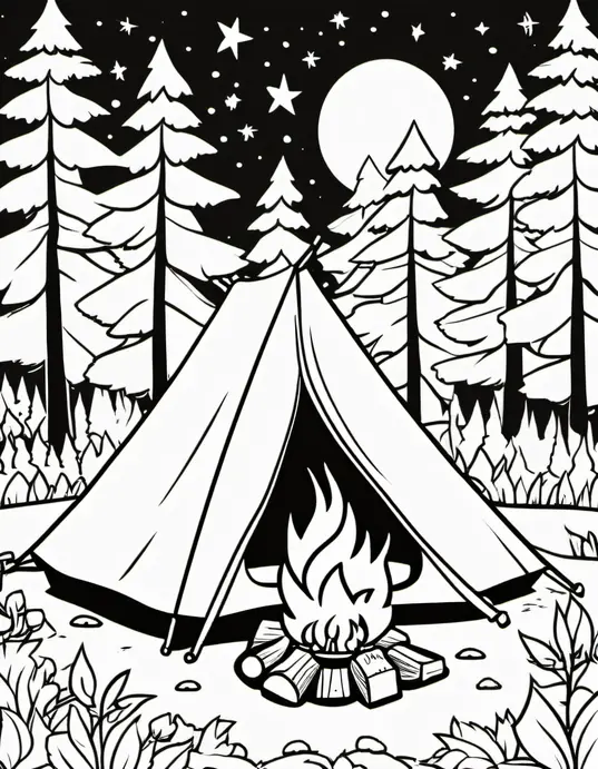 Exploring Forest Campsite Coloring Page