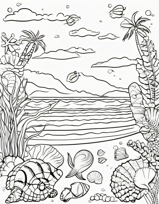 Sunny Beach Seashell Coloring Scene