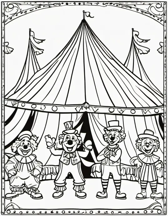 Colorful Clown Coloring Page in the Big Top Tent