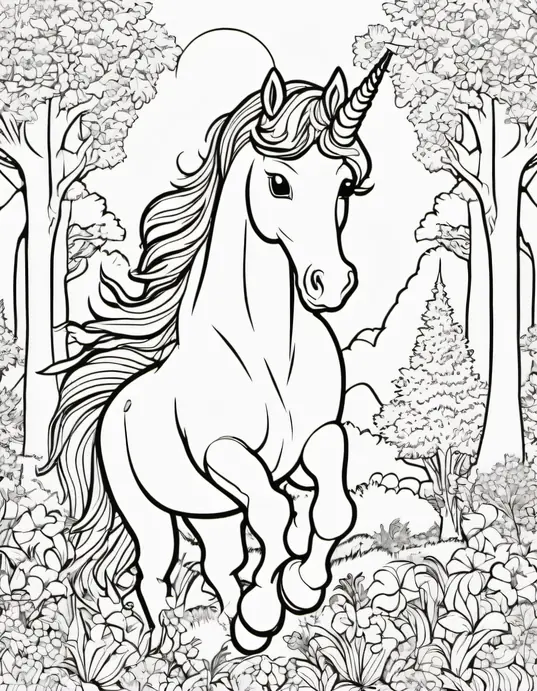 Unicorn Forest Coloring Page for Kids