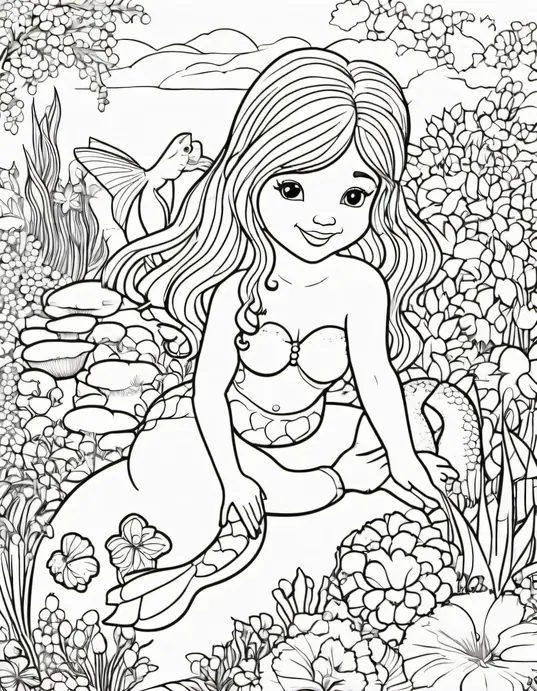 Color Underwater Mermaid Garden Scene