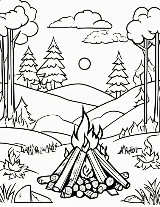 Colorful Campfire Night: Starry Sky Coloring Scene