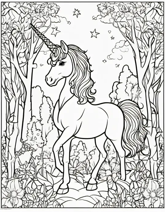 Enchanting Unicorn Forest Coloring Page