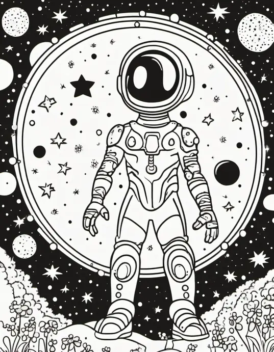 Space Alien Coloring Page with Glittery Stars