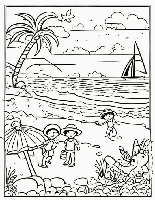 Sunny Beach Coloring Scene for Kids