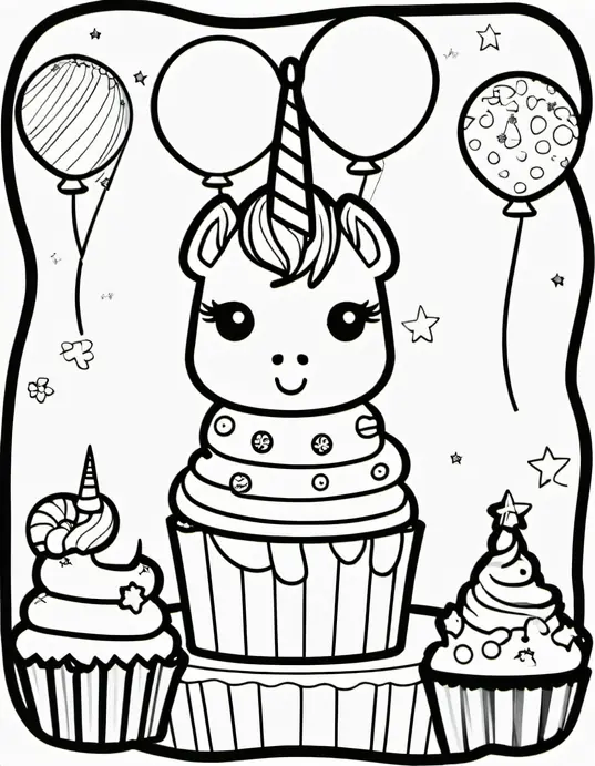 Unicorn Birthday Party Coloring Scene