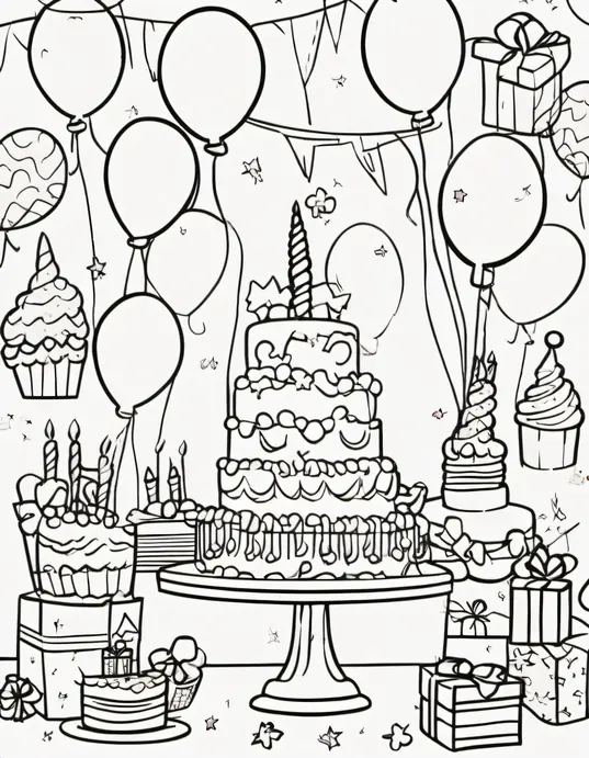 Birthday Party Coloring Page: Unicorn Balloons & Cake Celebration