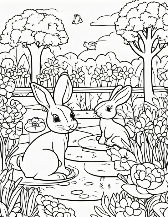 Colorful Bunny Garden Scene for Kids to Draw
